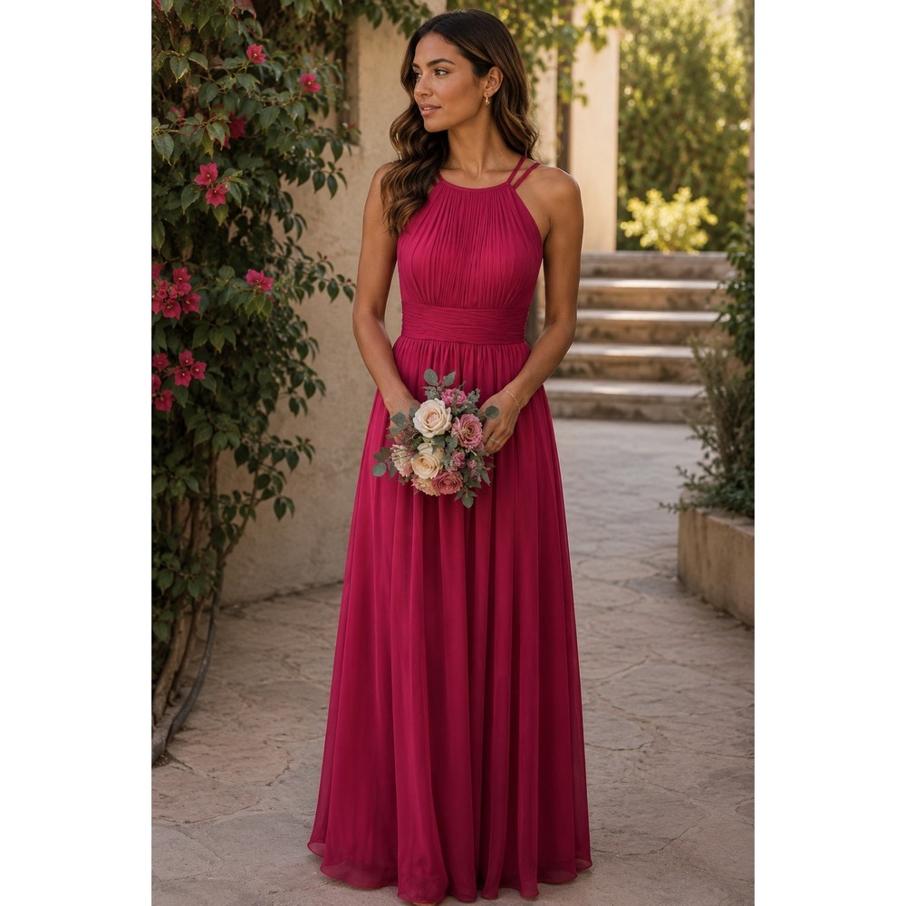 JJ's House Berry Chiffon Pleated A-Line Floor-Length Bridesmaid Dress S/M